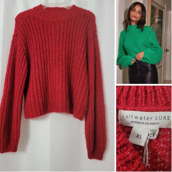 saltwater LUXE Sweaters - Saltwater Luxe Red Chunky Knit Cropped Sweater XL